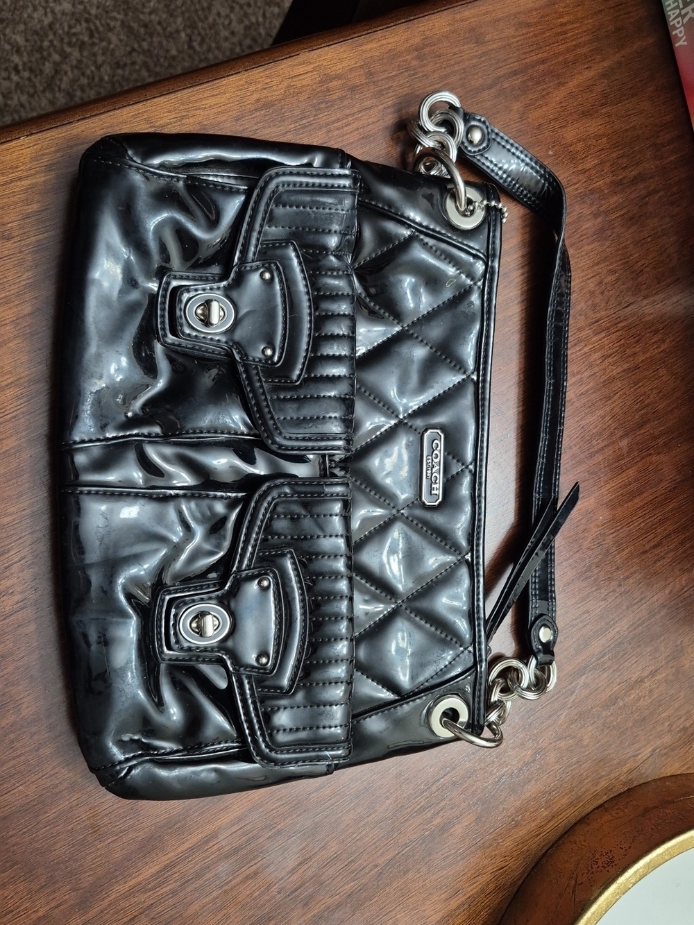 Coach Black Quilted Patent Leather Shoulder Bag with Turn-Lock Pockets